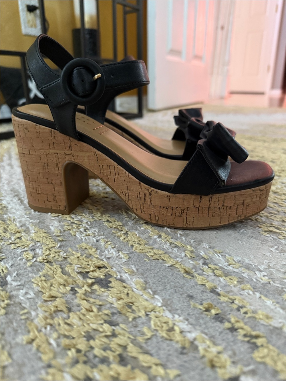 LC Lauren Conrad Black Leather Bow Cork Platform Sandals